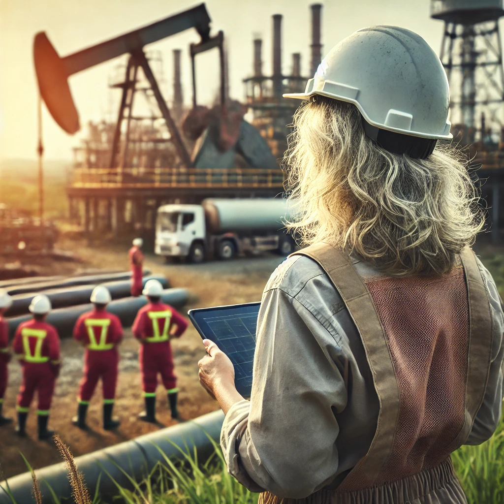 DALL·E 2024-07-12 00.14.44 – Create an image of an older senior female reservoir engineer with dirty blonde hair working in the field, facing away from the camera. She should be m