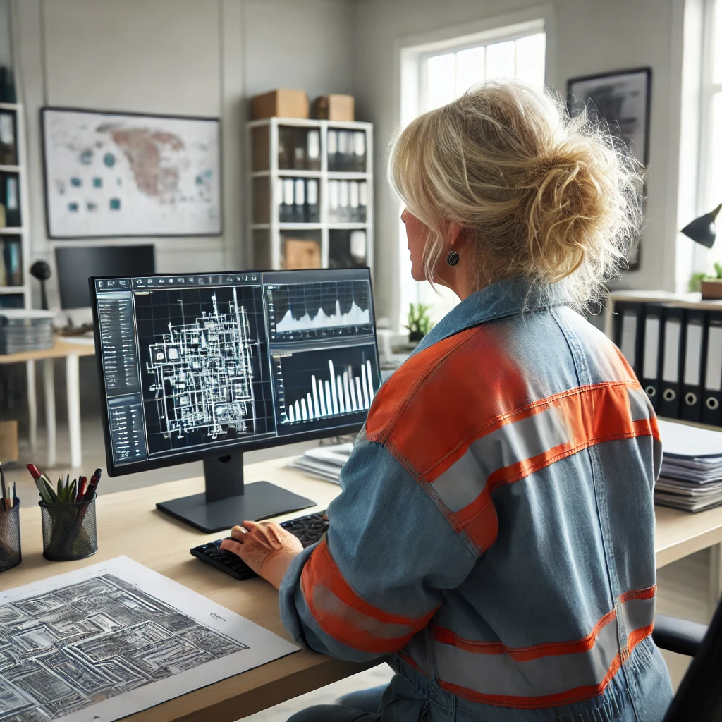 DALL·E 2024-07-12 00.18.55 – Create an image of an older, slightly overweight senior female reservoir engineer with dirty blonde hair, working in an office environment, facing awa